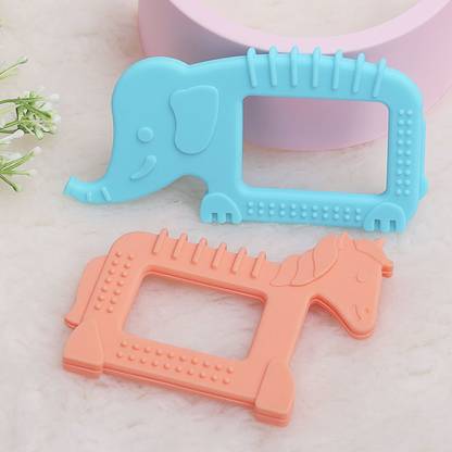 R for Rabbit Tiny Bites Safari – Cute Baby Silicone Teether - Elephant Blue + Horse Orange Teether
