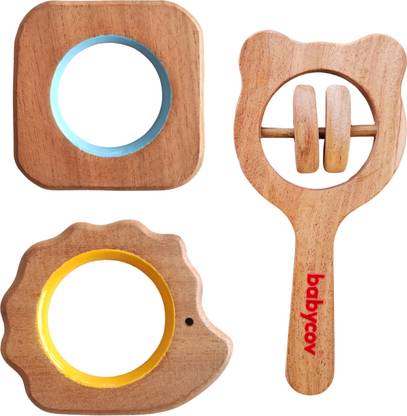 BABYCOV Set of 3 Natural Neem Wood Teethers-Wooden Teething Toys for Babies 3+ Months Teether
