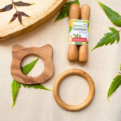 BABYCOV Neem Wood Teethers for Baby Set of 4 | for 3 Months Baby. (Cat Sick Ring) Teether
