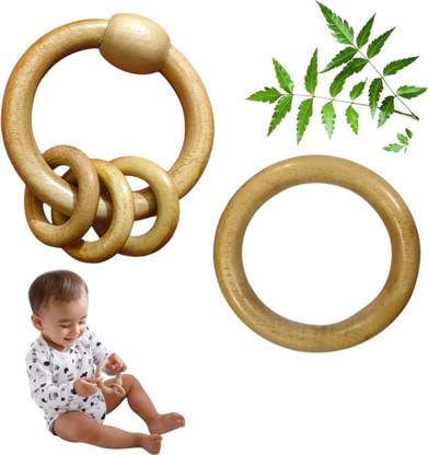 Shreeja Shilpcraft Neem Wood Teethers for Baby Set of 2 | for 3 Months Baby |One Rattle One Ring Teether
