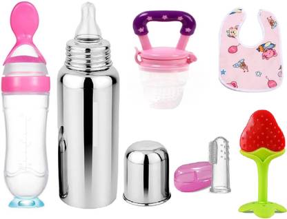 muphin trading company BABY COMBO SET OF-6[TEETHER,FEEDER,STEEL BOTTLE,BIB,FINGER BRUSH] Teether and Feeder