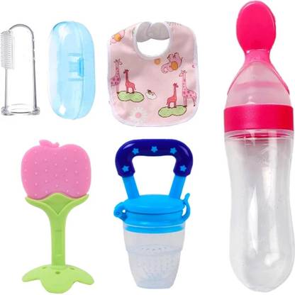 THEELEVEN Baby Spoon feeder with teether, Nibbler, Finger brush & bib/Appron for care Teether and Feeder