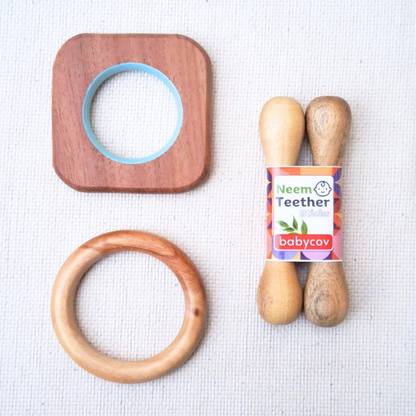 BABYCOV Neem Wood Teethers for Baby Set of 4 | for 3 Months Baby. (Square Stick Ring) Teether
