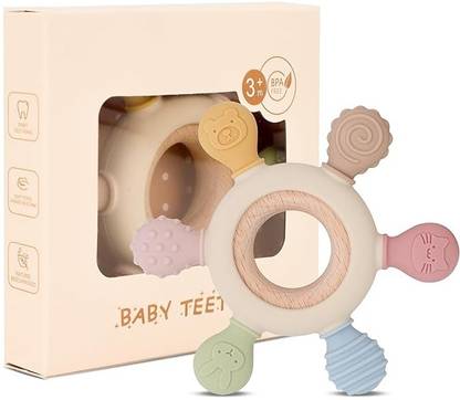 ARDAKI Wooden Teether for Babies Silicone Rudder Teething Toy with Soothe Wooden Ring Soother