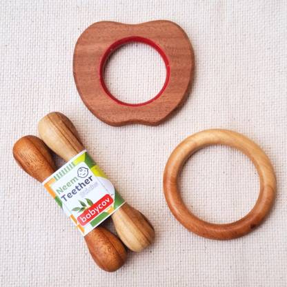 BABYCOV Neem Wood Teethers for Baby Set of 4 | for 3 Months Baby. (Apple Stick Ring) Teether