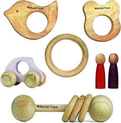 Natural.Toys Wood Teether Combo (Dumbbell Rattler+Mouse +Bird+Ring+Two Peg Dolls+Toy Car) Teether