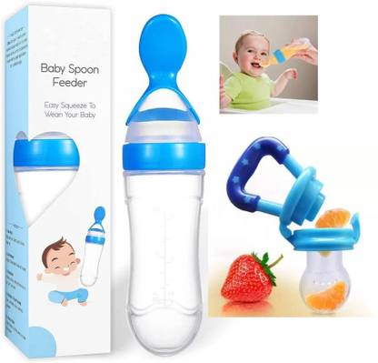 DECRONICS Squeezy Food Grade Silicone Bottle 90 ML & Fruit Feeder/Nibbler for Baby Feeding Feeder