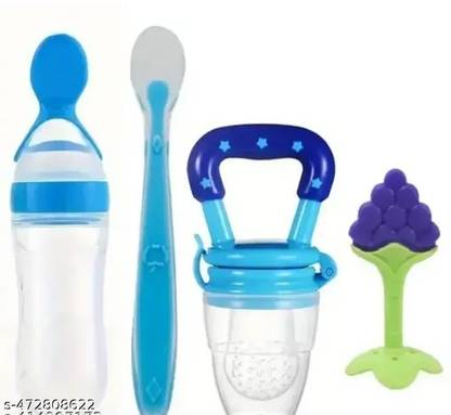 KidzComfy Spoon with Bottle, Fruit Feeder, Silicone Spoon & Fruit Teether Combo Set Feeder