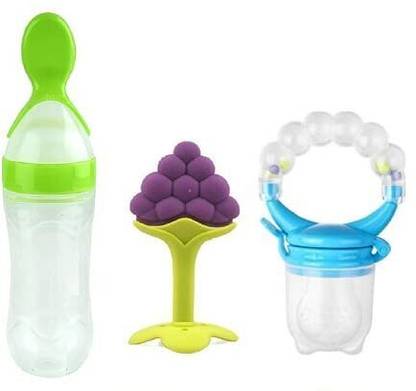 Kajaree Silicone Fruit Teether & Food Nibbler & Spoon Bottle (Multicolor) (Pack of 3) Teether and Feeder