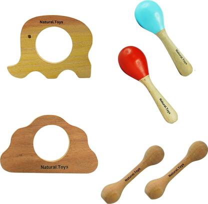 Natural.Toys Wooden Teether Combo 2 Teether, 1 Maracus, 1 Ring, 2 Soother Teether