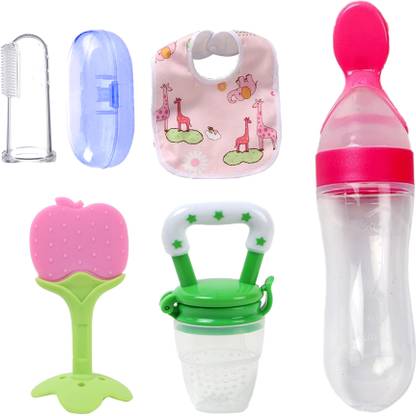 Smiley mia Baby Rattle nibbler, fruit teether, finger brush, bib & spoon feeder for feeding Teether and Feeder