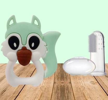 Jingle Kids Baby Soft Silicone Squirrel Shape Teething Toy With Finger Brush Molar BPA Free Teether and Feeder