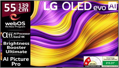 LG evo AI G5 139 cm (55 inch) OLED Ultra HD (4K) Smart WebOS TV 2025 Edition with Alpha 11 AI Processor 4K Gen2 | Brightness Booster Ultimate | AI Picture Pro | Dolby Vision | AI Sound Pro (Virtual 11.1.2ch Up-mix) | Dolby Atmos | Up to 165Hz Variable Refresh Rate | 60W Sound Output | 2.5 GB RAM | 16 GB ROM | Nvidia G-Sync & AMD Freesync Compatible