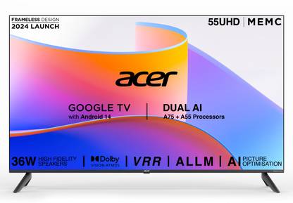 Acer I PRO Series 138.7 cm (55 inch) Ultra HD (4K) LED Smart Google TV with Android 14 (Black) | MEMC | ALLM | VRR | AI Picture Optimisation | 36W Speakers | Dolby Vision-Atmos
