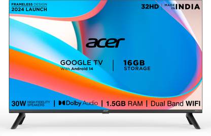 Acer I PRO Series 80.01 cm (32 inch) HD Ready LED Smart Google TV with Android 14 (Black) | 16GB Storage | 30W Dolby Audio