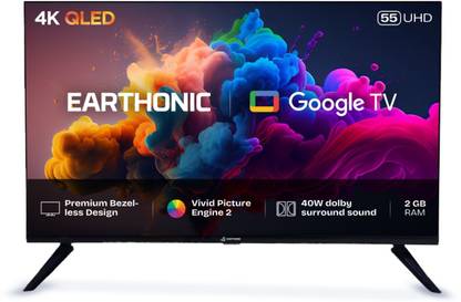 EARTHONIC 139 cm (55 inch) QLED Ultra HD (4K) Smart Android TV with Table Stand, Remote, Manual, Screws, Warranty Card, Wall Mount, Power Cell