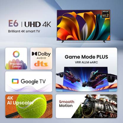 Hisense E6N 139 cm (55 inch) Ultra HD (4K) LED Smart Google TV 2024 Edition with Dolby Vision Atmos, Dts Virtual X and 4K AI Upscaler