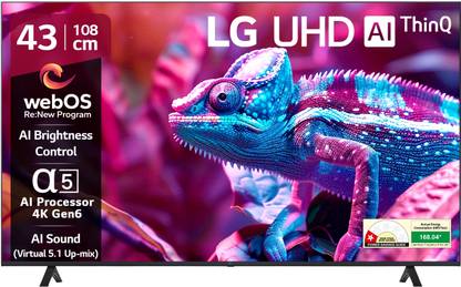 LG AI TV UR7500 108 cm (43 inch) Ultra HD (4K) LED Smart WebOS TV 2025 Edition with Alpha5 AI Processor 4K Gen6 | 100+ Free LG Channels | 4K Upscaling | AI Brightness Control | AI Sound (Virtual Surround 5.1 Up-mix) | FTA Satellite Port | Magic Remote Compatible | 60Hz Refresh Rate | Alexa Built In | Works with Apple Air Play