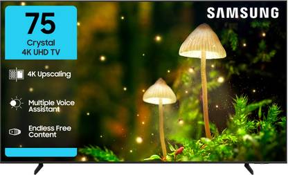 Samsung Crystal 4K 189 cm (75 inch) Ultra HD (4K) LED Smart Tizen TV 2025 Edition with 4K Upscaling | HDR 10+ | SolarCell Powered Voice Assistance Remote Control | MetalStream Design | PurColor | Slim Look | Samsung Knox Security | 100+ Free Channels | Universal Gestures