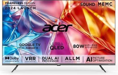 Acer Super Series 127 cm (50 inch) QLED Ultra HD (4K) Smart Google TV with Android 14 (Black) | MEMC | ALLM | VRR | AI Picture Optimisation | 80W PRO Speakers | GIGA Bass | Dolby Vision-Atmos