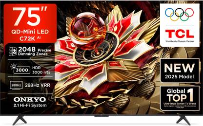 TCL C72K 189 cm (75 inch) Ultra HD (4K) Mini LED Smart Google TV 2025 Edition with Precise Dimming Series Up to 2048 Zones | HDR 3000 nits |rystGlow HVA Panel | AMD Free Sync Premium Pro | 60 W ONKYO 2.0 CH Hi-Fi System IMAX Enhanced,| Airplay 2