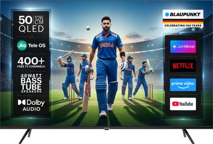 Blaupunkt 126 cm (50 inch) QLED Ultra HD (4K) Smart JioTele OS TV 2025 Edition with |3 Months Free JioHotstar| 48W Sound Output | 2 Speaker | 450 Nits Brightness | Dolby Audio | Multilingual Voice Assistant | 300+ free live TV channels | 300+ JioGames | Web Browser | Sports Mode | Bezel Less Design