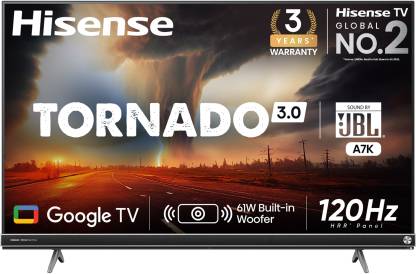 Hisense Tornado 164 cm (65 inch) Ultra HD (4K) LED Smart Google TV 2023 Edition with Built-in JBL Soundbar, 25W Subwoofer and HRR 120 Hz Mode  (65A7K)