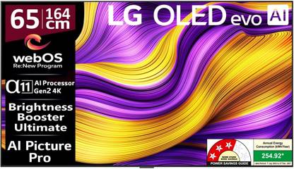 LG evo AI G5 164 cm (65 inch) OLED Ultra HD (4K) Smart WebOS TV 2025 Edition with Alpha 11 AI Processor 4K Gen2 | Brightness Booster Ultimate | AI Picture Pro | Dolby Vision | AI Sound Pro (Virtual 11.1.2ch Up-mix) | Dolby Atmos | Up to 165Hz Variable Refresh Rate | 60W Sound Output | 2.5 GB RAM | 16 GB ROM | Nvidia G-Sync & AMD Freesync Compatible