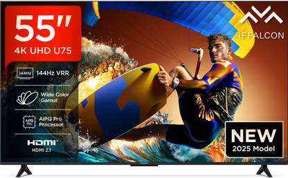 iFFALCON by Tcl U75 139 cm (55 inch) Ultra HD (4K) LED Smart Google TV 2025 Edition with 144 Hz VRR | Wide Color Gamut | AiPQ Pro Processor | 24 W Dolby Vision- Atmos | 3 GB RAM | 32 GB ROM