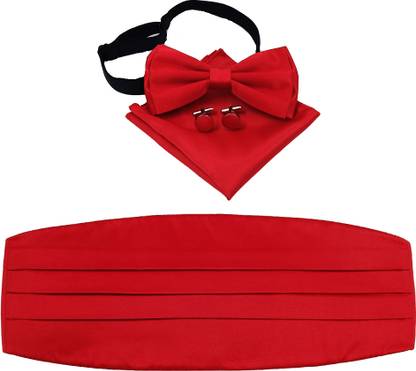 UTF Red Cummerbund Pretied Bowtie with Cufflink pocket square Wedding Business Solid Tie