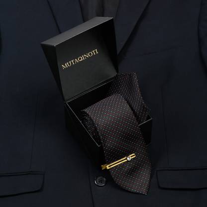 MUTAQINOTI Flowral Black Italian Style Silk Necktie Set With Pocket Square & Gold Tie Pin Polka Print Tie