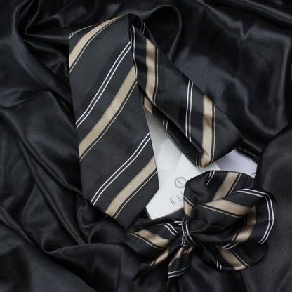 Kovove Smoothing Black Striped Neck Tie and Pocket Square Gift Box Striped Tie