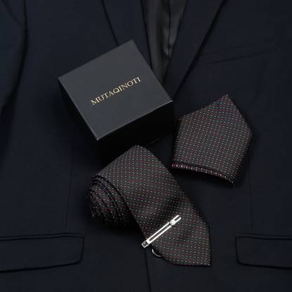 MUTAQINOTI Flowral Black Italian Style Silk Necktie Set With Pocket Square & Chorme Tie Pin Printed Tie