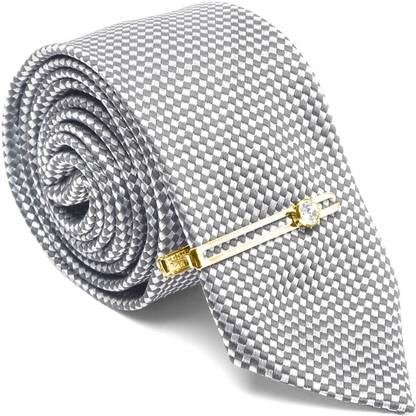 LOUIS STITCH Ash Grey Italian Silk Suit Necktie with Gold Tie Pin Checkered Tie
