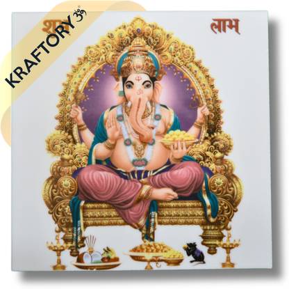 KRAFTORY369 Ganesh Shubh Labh God Ceramic Tiles (6 x 6 inch) | for DIY Paste on Wall | Glossy Modern