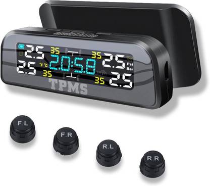 amiciAuto Digital Tire Pressure Gauge with 4 External Sensor Solar Power Car TPMS with Dashboard Clock