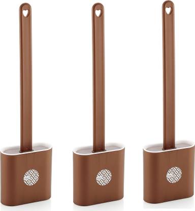 Liza 3Pc Toilet Bowl Cleaner Brush for Bathroom, No-Slip Long Handle (Brown) with Holder