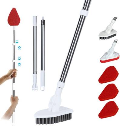Brimdo Bathroom Cleaner Brush with Long Handle, Head Scrub, 3 Sponge & 1 Bristles Brush