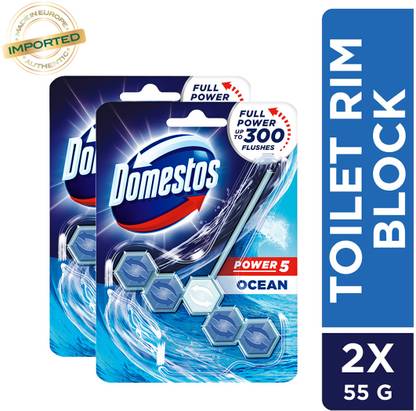 Domestos Power 5 Toilet Cleaner Rim Block, Ocean Scent, Clean Toilet After Every Flush Ocean Rim Block
