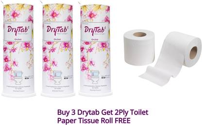 Drytab Toilet Cleaner Pack of 3 + 2ply Toilet Paper Tissue Roll 200 Sheets FREE Orchid Block Toilet Cleaner
