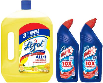 Lizol Disinfectant Surface Cleaner Citrus 2L and Harpic Power Plus (1L x2) Original Liquid Toilet Cleaner