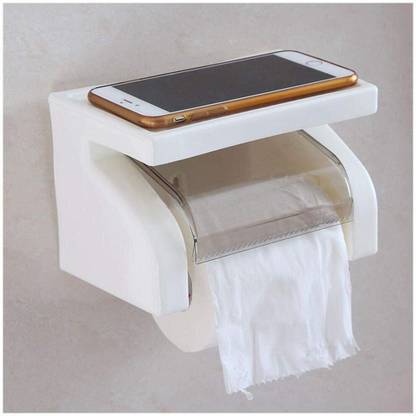 JERN Tissue Paper Holder with Phone Stand, White Plastic Toilet Paper Holder
