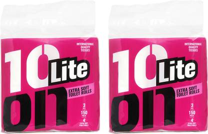 10 on TISSUES Lite Soft 3 Ply Toilet Paper Roll, Tissues, 4 IN 1,Pack of 2 (150x8=1200 Sheets) Toilet Paper Roll