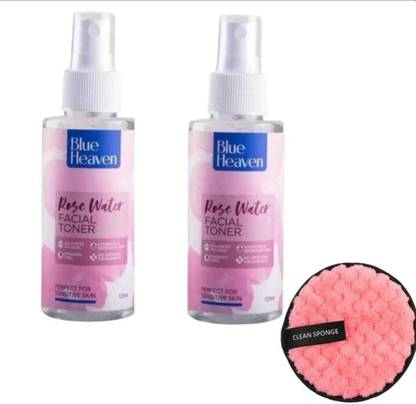 BLUE HEAVEN ROSE WATER (Facial Toner ) 125 ML X 2 pc & Make Up Remover Sponge Women