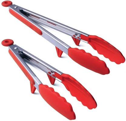 Ramkuwar Silicone Cooking Tongs?Kitchen Food Tongs?Stainless Steel Material with Heat Resistant Premium Silicone Grip for BBQ Grilling Turner Cooking Tips, 2 Pack (9 Inch+12 Inch) (Red) Cooking Tong 32 cm, 27 cm Salad, Spaghetti, Hamburger Tongs