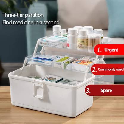 Flipco 3-Tier Home First Aid Box, Child Proof Medicine Box Organizer Pill Case Medicine Box, Plastic Medical Storage Box, Family Emergency Kit Medical Kit Tool Box with Tray