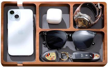 SUPVOX Nightstand Desk Organizer Tray Leather Inlay Wood Utility Valet Tray with Leather Inlay for Nightstand and Desk EDC Essentials Organizer Tool Tray