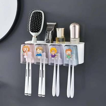 PARVLUXE Wall Mounted 4-Cup Toothbrush Holder Set with Storage Shelf Toothbrush Case