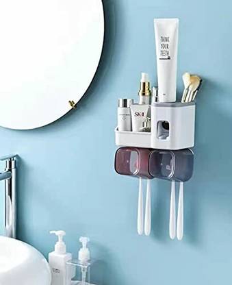 Gridlab Toothpaste Dispenser, Multi Space Saving Toothbrush Organizer with 2 Cups Plastic Toothbrush Holder