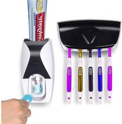 YOYOTRADERS Plastic Automatic Hands-Free Wall Mounted Toothpaste Dispenser Squeezer Plastic Toothbrush Holder